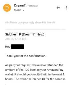dream11 Refund confirmation mail
